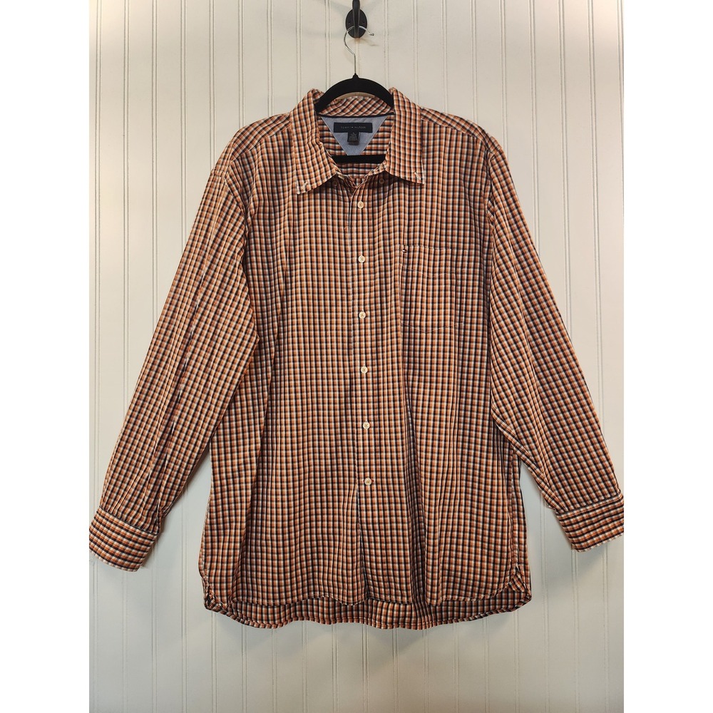 Tommy Hilfiger Mens XL Gingham Button Down Shirt Orange Navy Blue Check Cotton